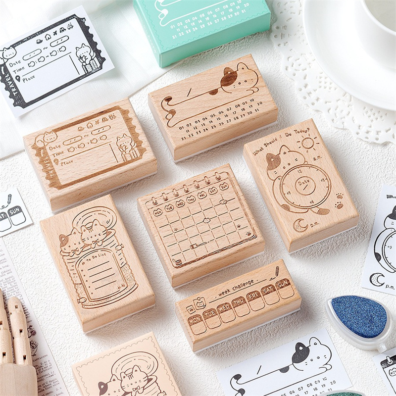 Rubber Date Stamp - Stempel Karet Kayu Kucing Lucu Bingkai